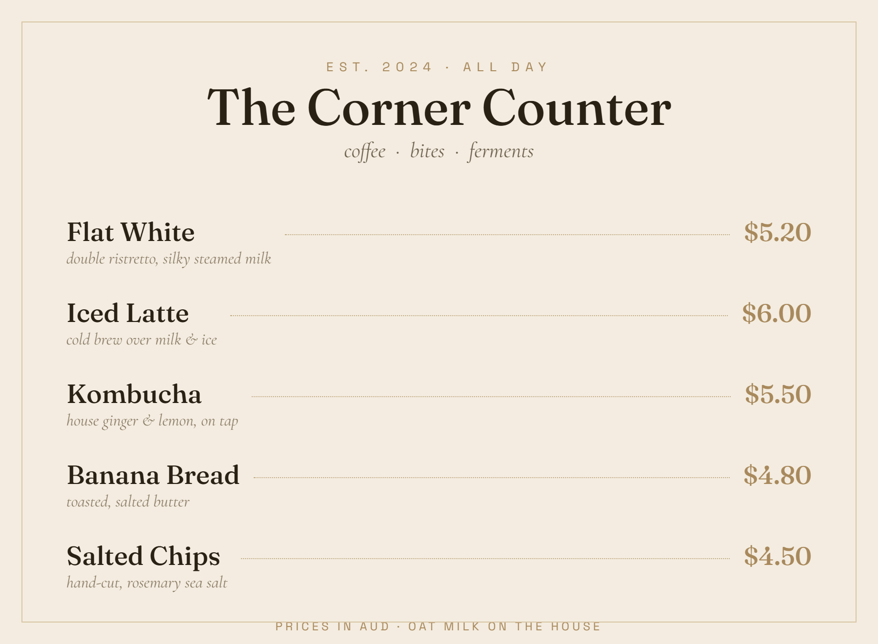 The Corner Counter menu